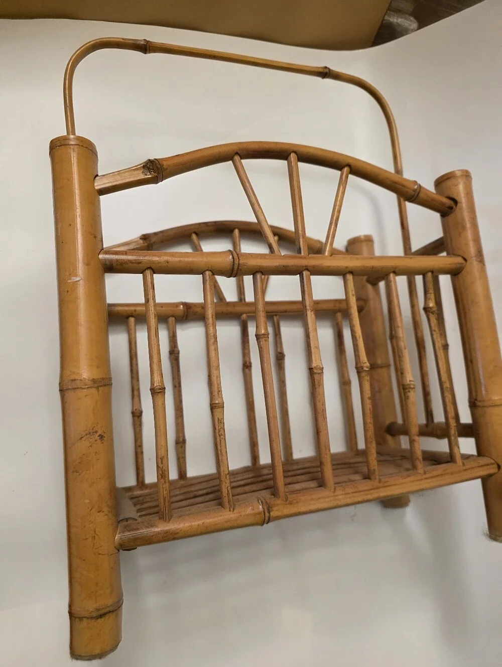 Vintage MCM Bamboo Rattan Magazine Rack Sunburst Arch Handle Boho Tiki Storage